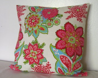 Single Sided Annie Selke Fabric Floral Designer Pillow Cover- Raspberry on White