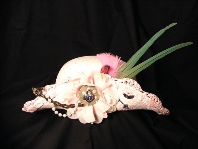 Steampunk Pink Straw Hat with green parrot feathers, pearls, chain, lock and key. Perfect for Summer.