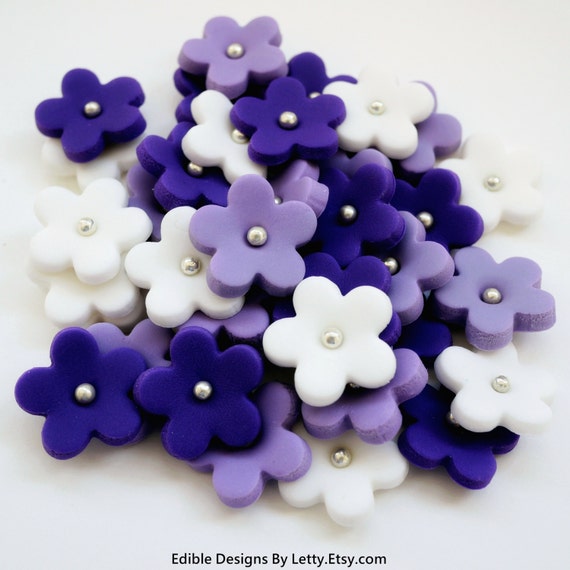 36 Edible Fondant Flowers - Purple, Violet & White Flower Blossoms
