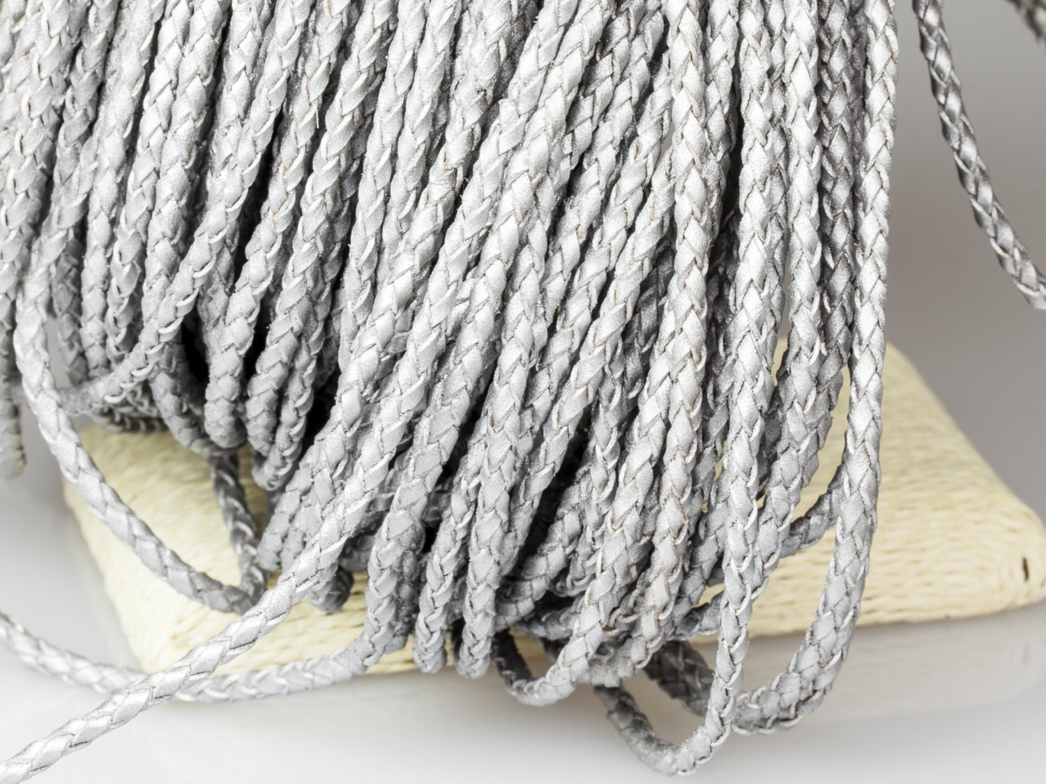 2mm Braided Leather Cord Silver Leather Cord Round Leather