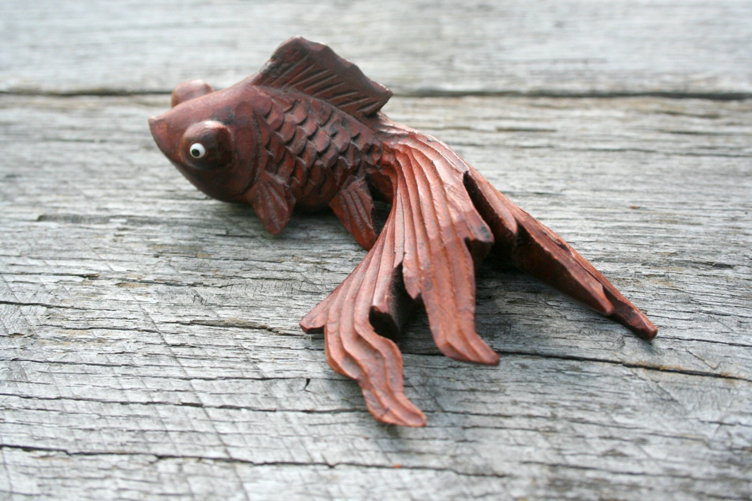 Carved Wooden Goldfish with Glass Eyes Hand Carved Good Luck