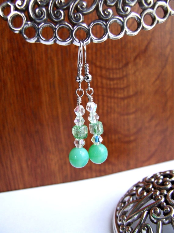 Green Opal Glass beaded dangle earrings