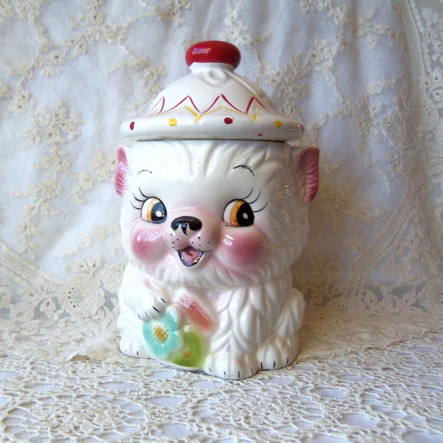 COOKIE JAR VINTAGE Cat Kitten Mid Century Flower by CoralAnnArts