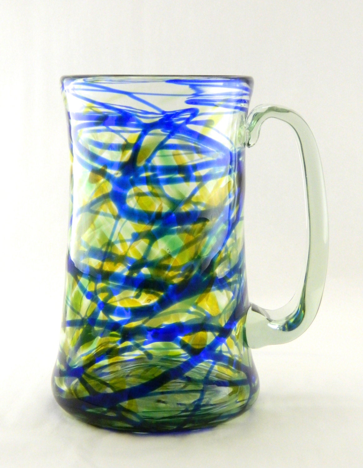 Hand Blown Art Glass Beer Mug Yellow/Green Colored with Blue
