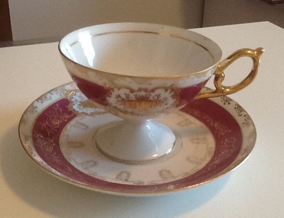 and cup Gold vintage Cup Accents StyleTea Saucer japanese with Vintage saucer and  Maroon Japanese