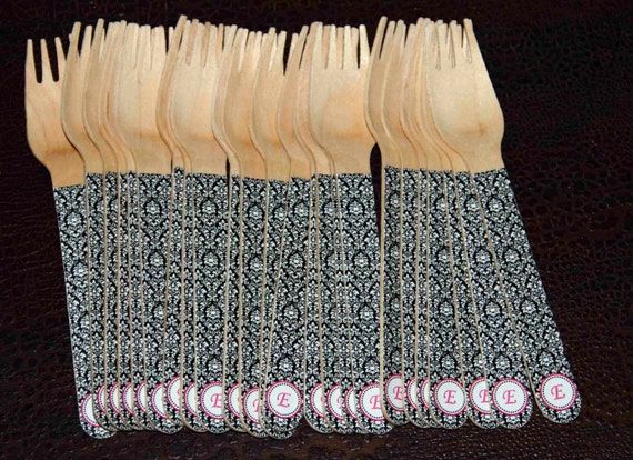 24 Wooden Forks or Spoons- Black and White Damask Il_570xn