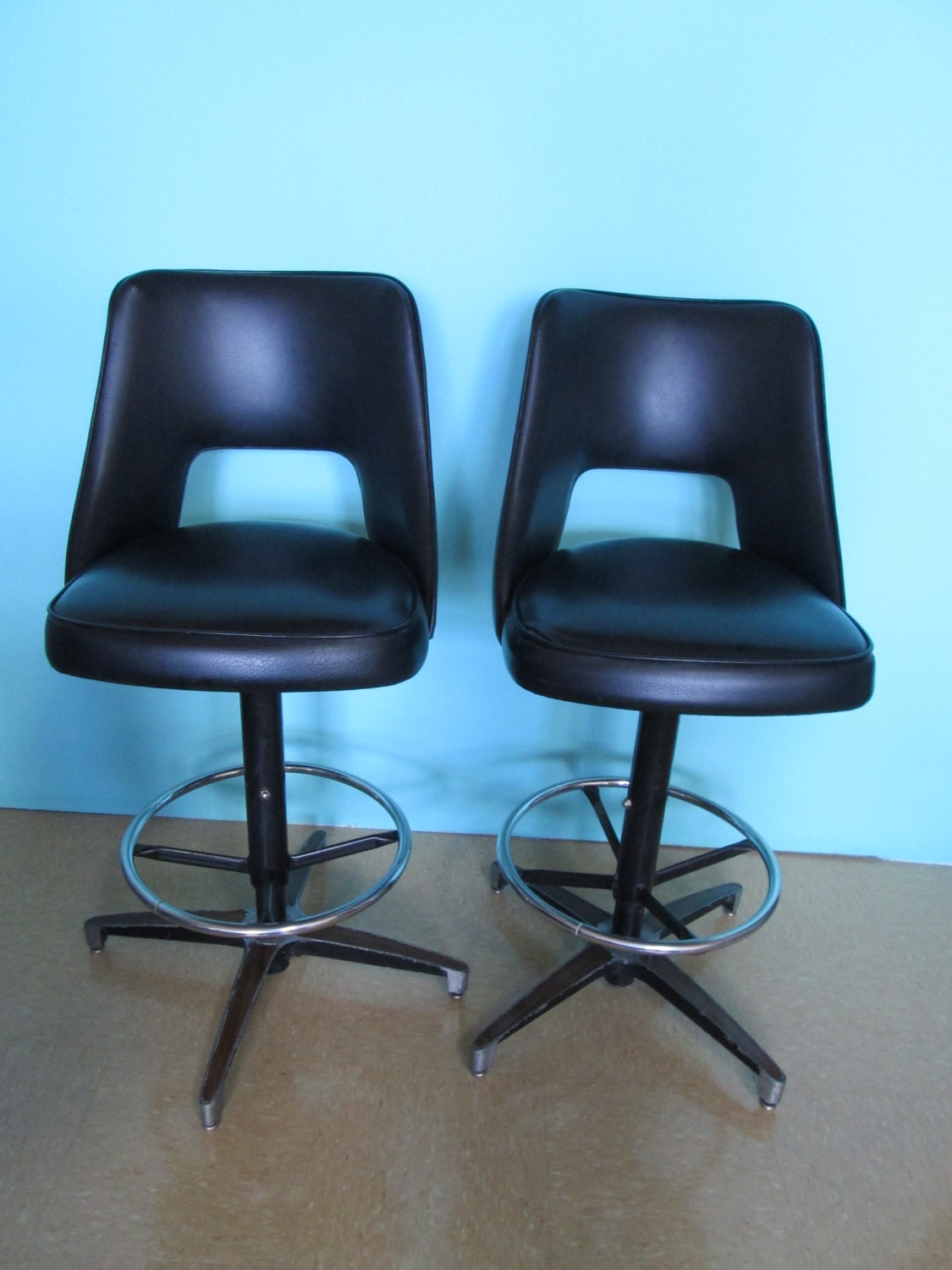 Pair of Mid Century Chromcraft Black Vinyl Swivel Bar Stools
