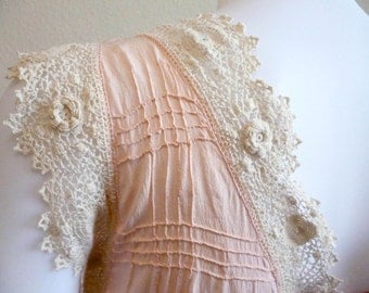 Pink Irish Crochet SILK Nightgown Peach Early Century