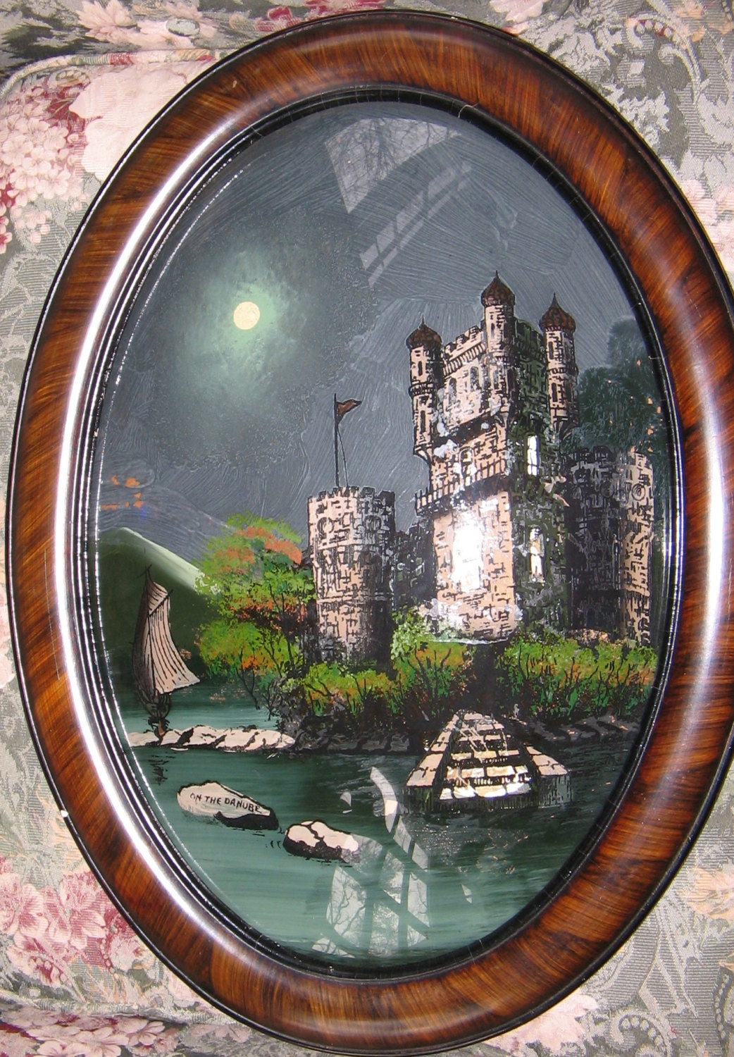 Vintage Reverse Painting On Glass Castle Danube