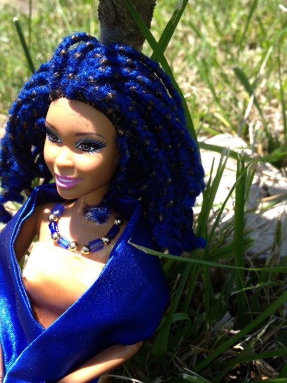 Doll With Natural Hair Style Royal Blue Yarn Braids Gold