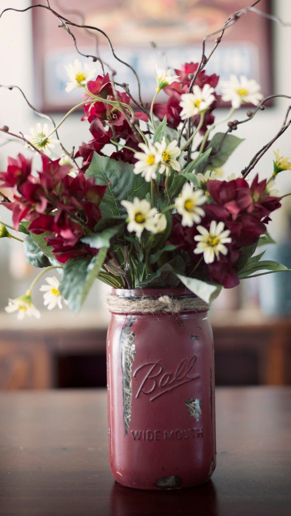 Items similar to Mason Jar Painted Vase with Silk Flowers on Etsy