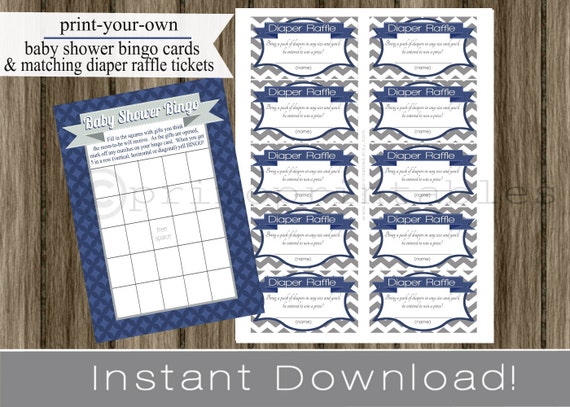 Baby Shower Bingo Game Cards and Diaper Raffle Tickets gray chevron and navy blue INSTANT DOWNLOAD diy digital printable file , babyshower Il_570xn