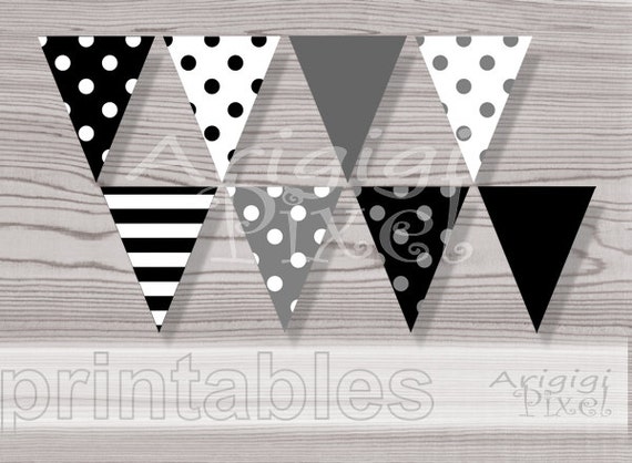 Black and White Banner Polka Dot Stripes Pennant Printable Flags DIY Party Decoration PDF file Il_570xn
