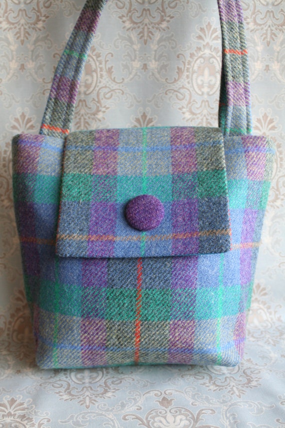 Scottish Harris Tweed Tote Bag in purple and green by TweedieBags