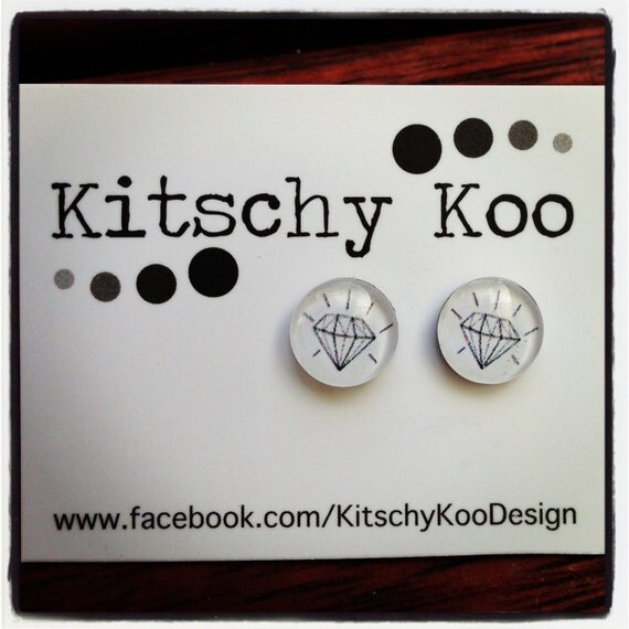 FREE SHIPPING - Diamond Earrings - Kitschy Koo - Fake Diamond - Faux Diamond - Illustrated Diamond Earring Studs Surgical Steel
