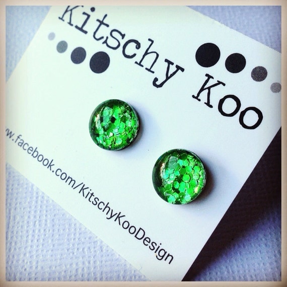 FREE SHIPPING - Glitter Earrings - Glass Stud - Surgical Steel - Green Glitter - Handmade - Sparkle Gold Green Silver Red Blue