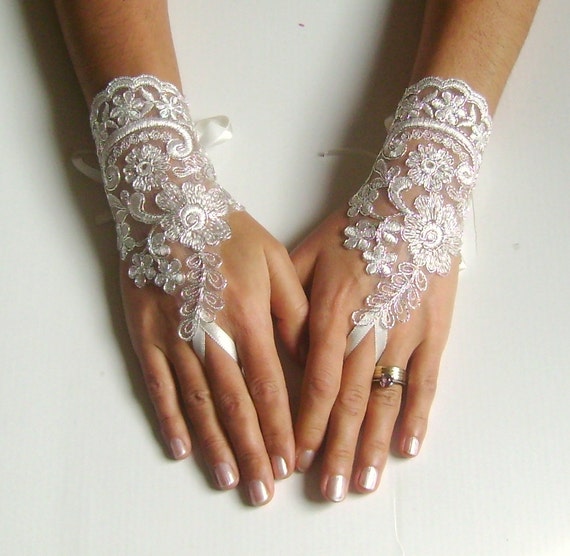 Lace bridal glove ivory glove silver cord