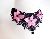 Sale spring lace necklace choker pink flower steampunk black venise large vintage gothic beaded  victorain party handmade