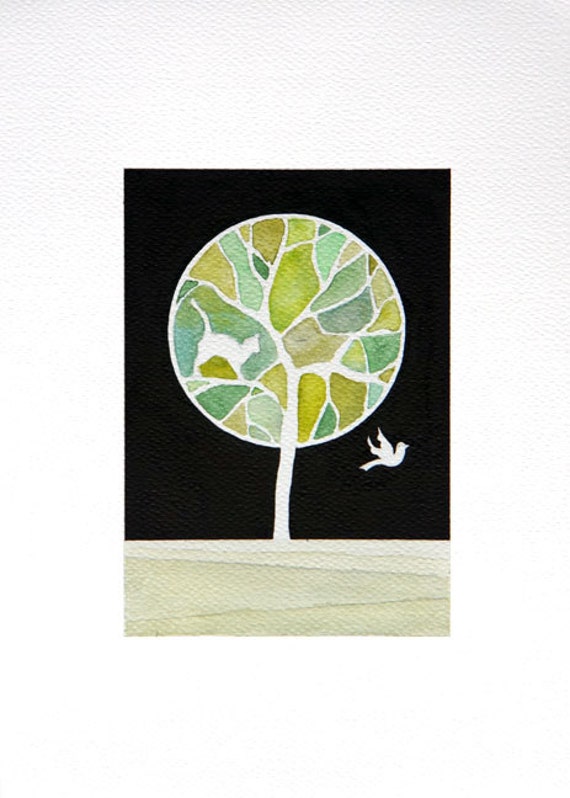 Orginal watercolor painting, green tree, cat and bird, A4