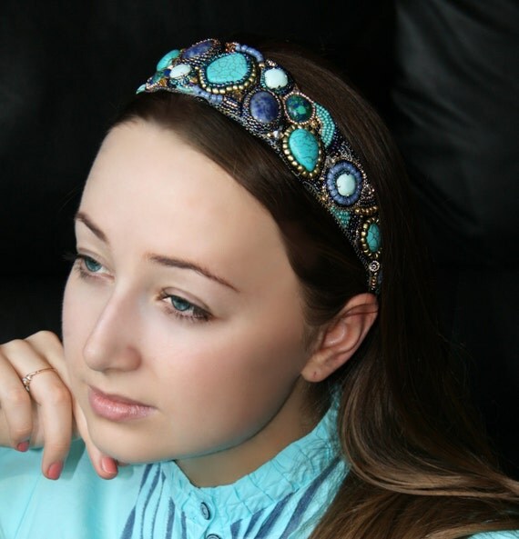 Items Similar To Bead Embroidered , Beaded Headband With Stones And ...