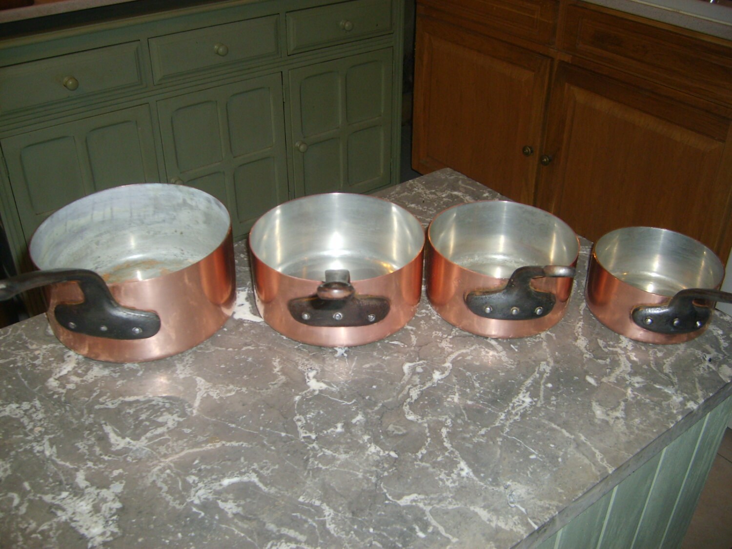 Set of Four Vintage French Copper Pans Tin Lined with Cast