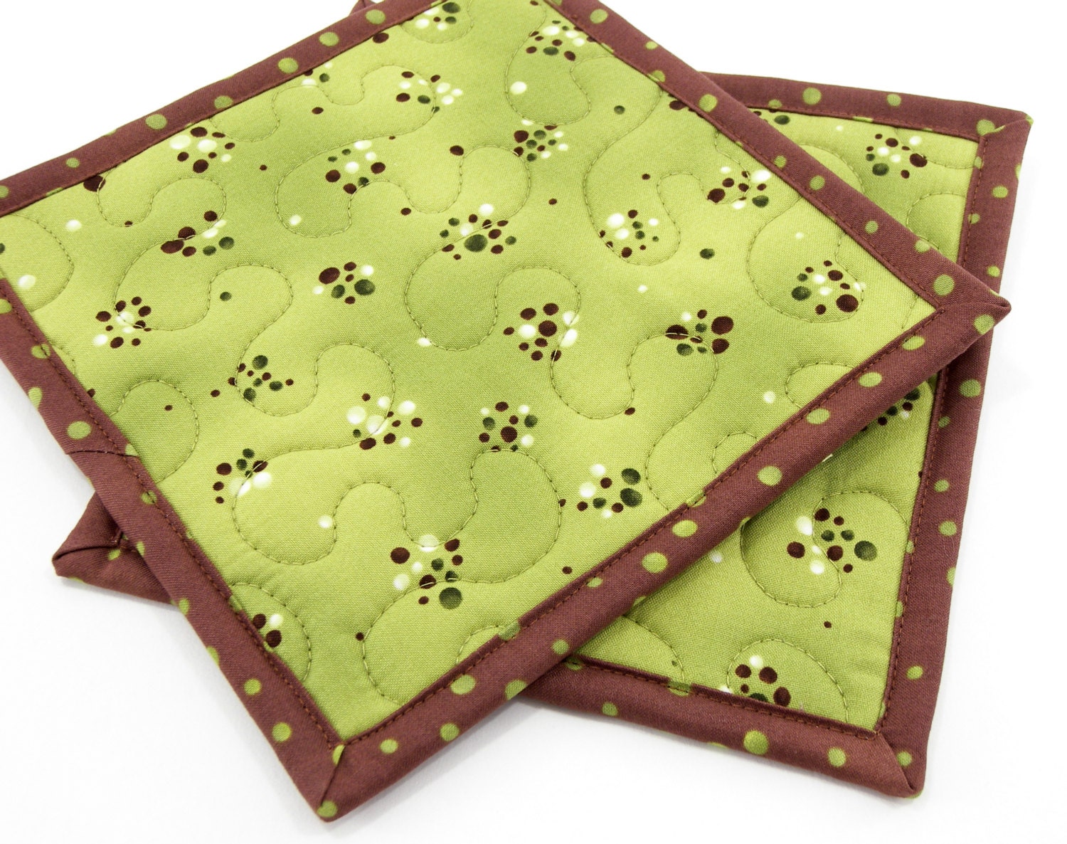 Quilted Hot Pads Fabric Pot Holders Olive Green and Brown