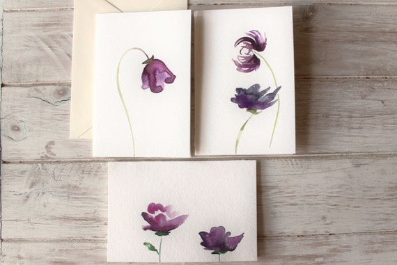 Watercolor Greeting Cards Birthday Cards Purple Flowers Set of