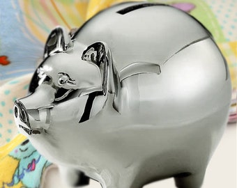 Deluxe Personalized Silvertone Piggy Bank - Engrave this Piggy Bank with a Name - A TOP Baby Shower Gift !