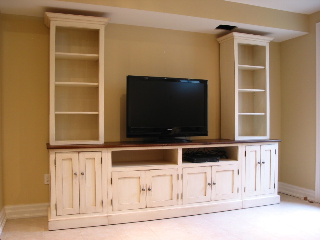 TV Center / Wood TV Wall Unit / Hand painted Media Center