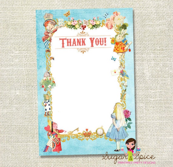 Alice in Wonderland Vintage Printable Thank You Card - Pink or Blue - You print PDF