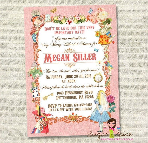 Alice in Wonderland Vintage Bridal Shower Invitation - Blue or Pink - Digital File, You Print - 5x7