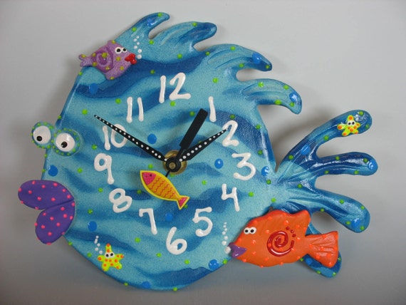 Fish Wall Clock Whimsical Tropical blowfish kids clock - Fish Wall Clock, Whimsical ,Tropical blowfish, kids clock ,Puffer  fish,Aquatic