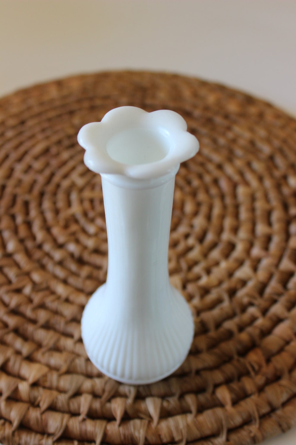 Vintage White Milk Glass Flower Vase with Petal Rim Home