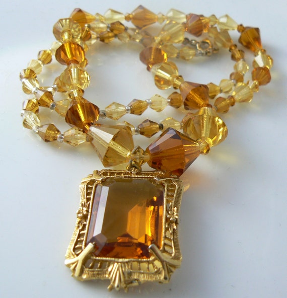 Czech Amber Glass Art Deco Necklace Unique by VintageLaneJewelry