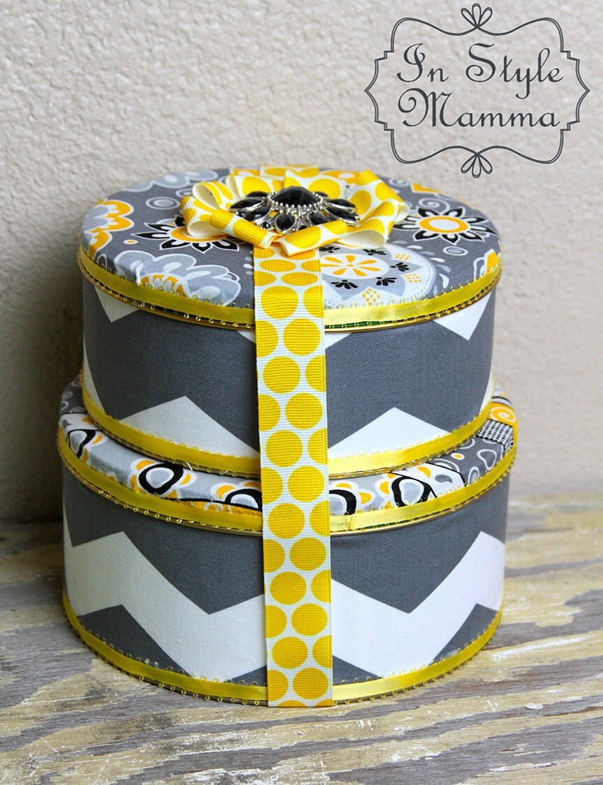 Decorative tin boxes in yellow white and grey by GreyhoundGraphics