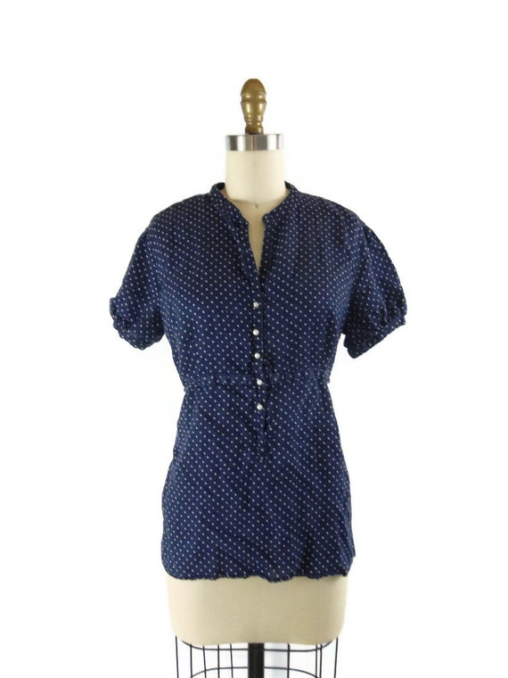 LINEN Navy Blue Polka Dot Blouse / Blue and by FoxburrowVintage
