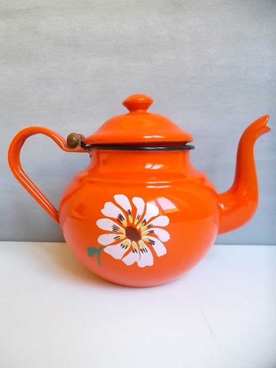 Vintage Teapot Vintage Orange teapot Vintage Enamelware