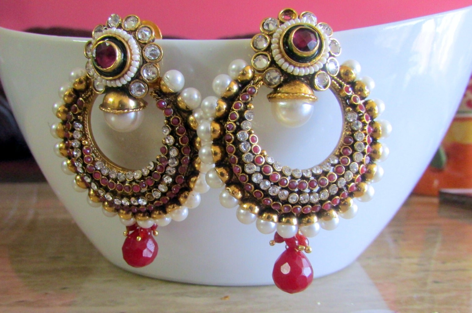 Chandelier Earrings Jhumka bollywood Indian pearls drop