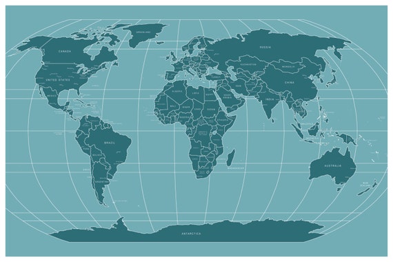 modern world map print poster 24 x 36 blue