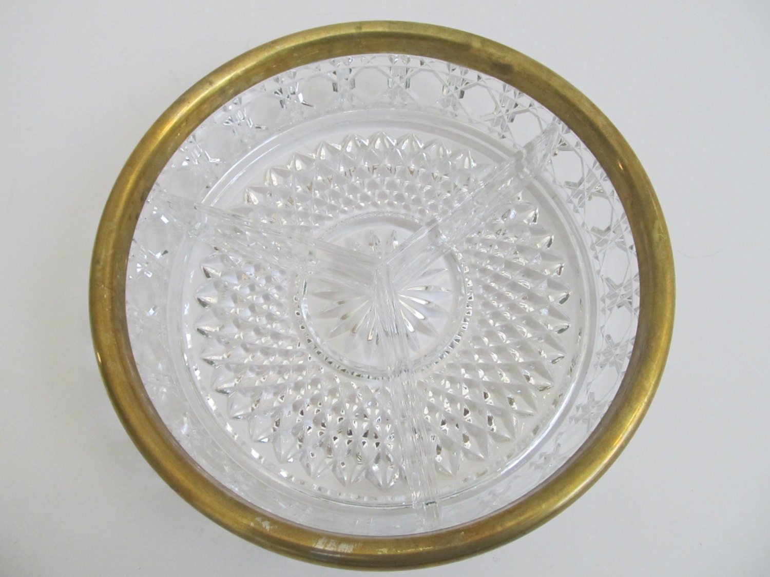 Glass and Brass Divided Dish, Candy/Nut Dish, Relish Tray, Crystal, Serving Dish, Crystal Dish