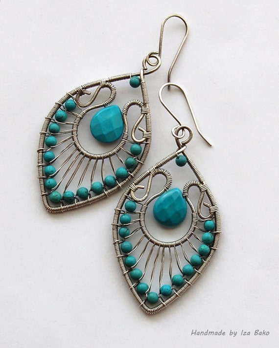 Handmade Wire Wrapped Statement Earrings with Turquoise