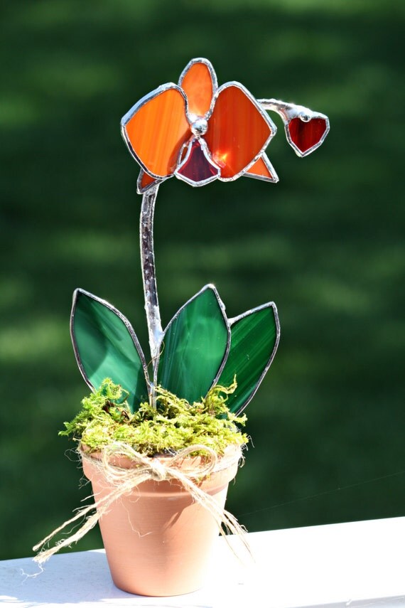 Orange Stained Glass Suncatcher Orchid Decorative Art May
