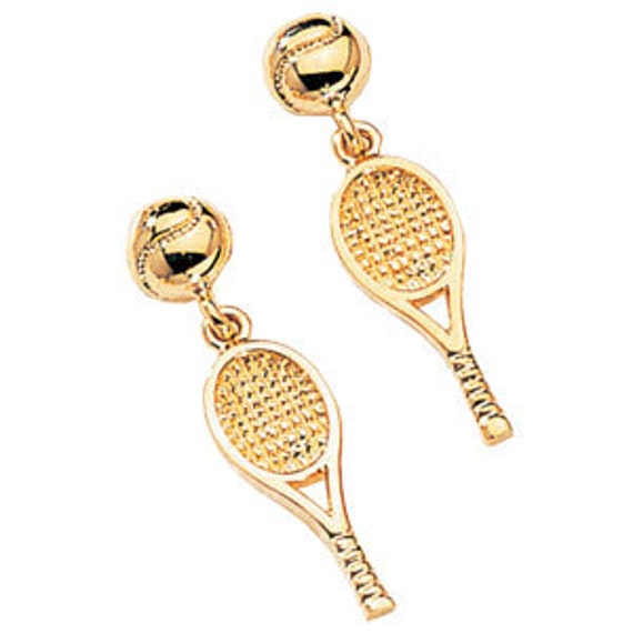 14kt yellow gold tennis ball & racket earrings with post back