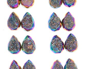 Faceted Grade AA Stunning 2 Pieces Rainbow Titanium Teardrop Calibrated Druzy Cabochon 10x14mm B86D5738