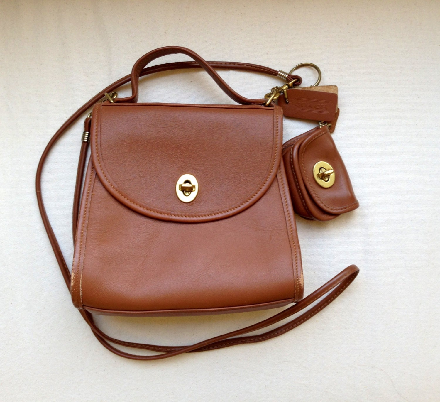 vintage COACH brown leather crossbody bag with coin purse