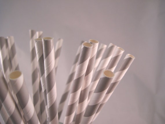 50 Grey / Silver Stripe Straws - ships less than 24 hours Il_570xn
