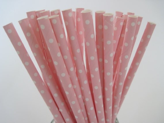 25 Pink with white dots Paper Straws - ships less than 24 hours Il_570xn