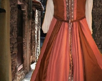 FREE SHIP Sweet Peach Chocolate Renaissance SCA Garb Medieval CostumeBodice & Overskirt 2Pc lxl