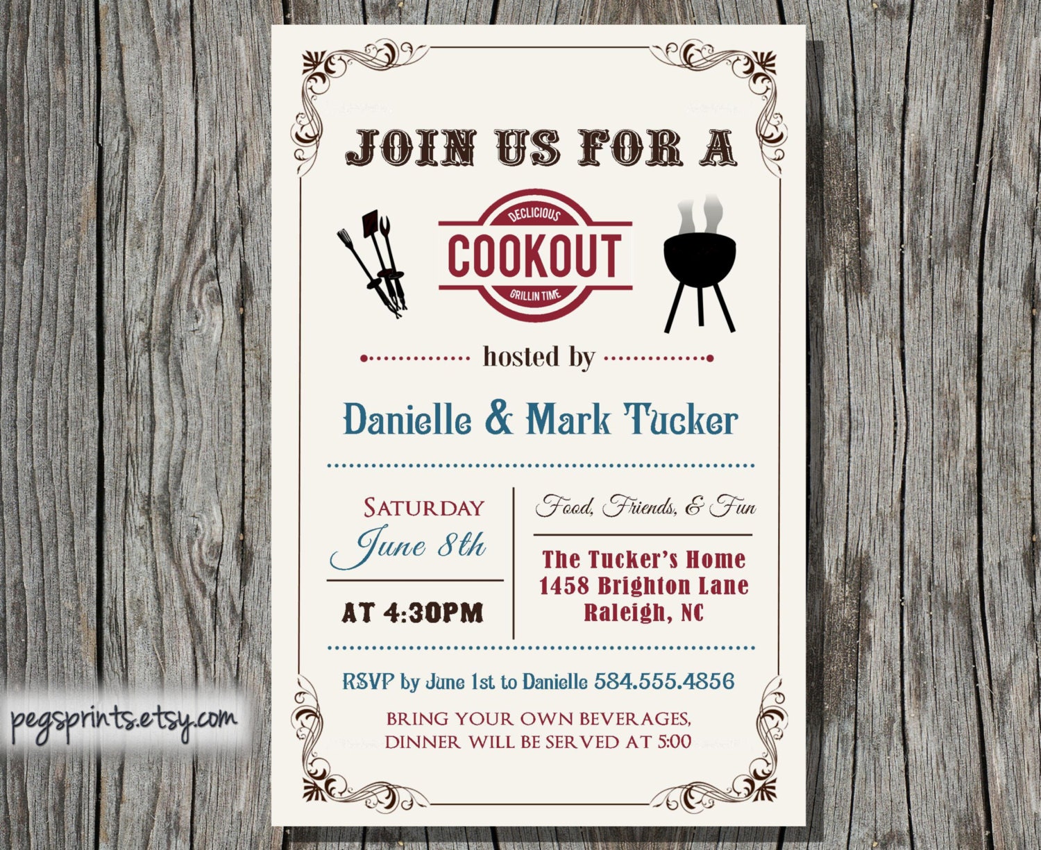 Cookout Invitation Summer Family BBQ Printable by PegsPrints