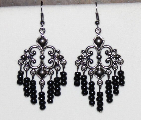 Items similar to Black Chandelier Earrings- Black Beads (Graduation ...